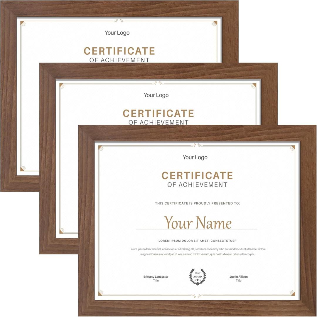 YESKAY 8.5x11 Picture Frame 3 Pack,Brown Wooden Frame with Tempered Glass,Display Pictures 6x8 with Mat or 8.5 x 11 Without Mat,8.5 by 11 Photo Frame for Wall or Tabletop