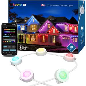 Lepro E1 AI Permanent Outdoor Lights APP Control, 50ft 30 LED Smart RGB+ IC+ Warm/Cool White House Eave Light for Halloween Christmas, Alexa Google Enabled, 2.4 GHz WiFi /Bluetooth, NO Remote Controller