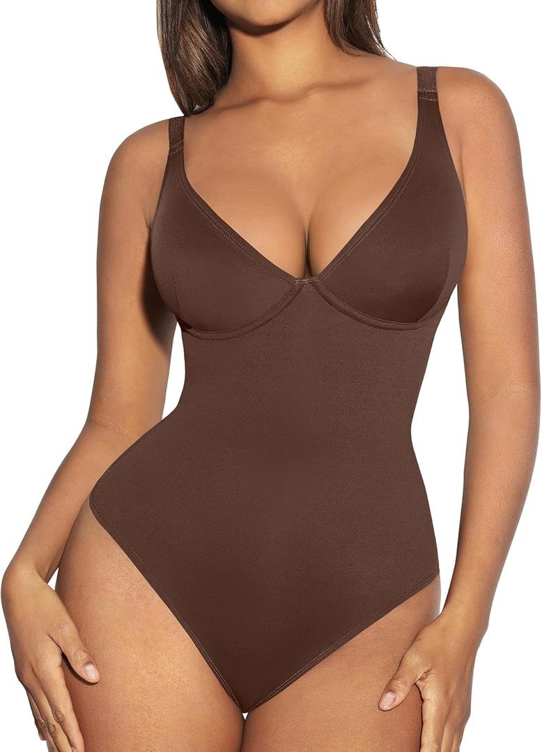 FeelinGirl Shapewear Bodysuits for Women Tummy Control Body Suits Deep V Neck Thong Body Shaper (XX-Large, Chocolate)