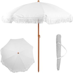 6 Ft Fringe Patio Umbrella - Outdoor Umbrella for Patio, Pool, Table, Garden, Deck, Beach, and Outdoors - Fashionable Boho Vintage Tassels & Wood Print - Push Button Tilt Pole