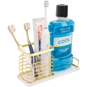 HarJue Toothbrush Holder, Luxurious Metal Toothbrush Toothpaste Holder with Marble Base for Bathroom, Multi-Slots Openwork Design, Bathroom Accessory for Storage and Organizer (Large, Gold)