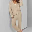 ANRABESS Women 2 Piece Lounge Sets 2025 Fall Outfits Casual Waffle Knit Cardigan Sweater Pant Set Travel Airport Clothes Khaki Small (S)