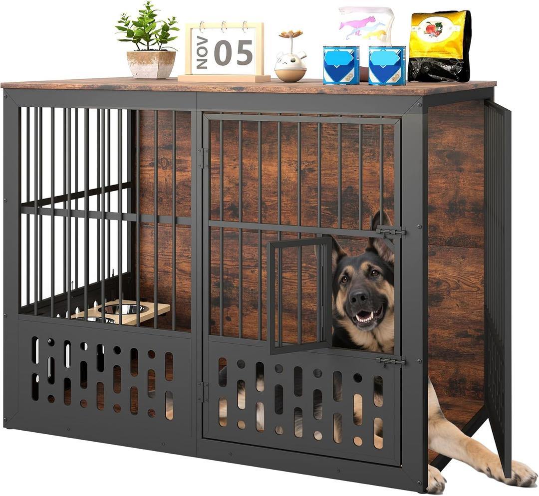 Yafylly 48 Inch XXL Dog Crate Furniture, Wooden Chewproof Dog Kennel with Interactive Window, 360 Adjustable Bowls (5 Heights), Storage Table Top, Heavy Duty XL Dog Crate for Medium Large Dogs, Brown
