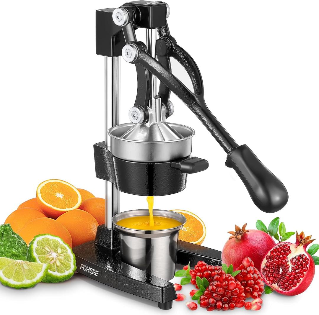 FOHERE Orange Juicer Squeezer, Cast Iron Lemon Squeezer, Commercial Citrus Juicer Hand Press for Orange, Lemon, Pomegranate, Grapefruit, Easy to Clean Citrus Squeezer with a Stainless Steel Cup