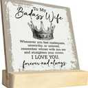 4 x To My Badass Wife Wood Plaque, Straighten Your Crown I Love You Forever and Always, Wife Gifts from Husband, Plaque with Wooden Stand, Meaningful Wood Sign Plaque, Valentines Day Gift B1