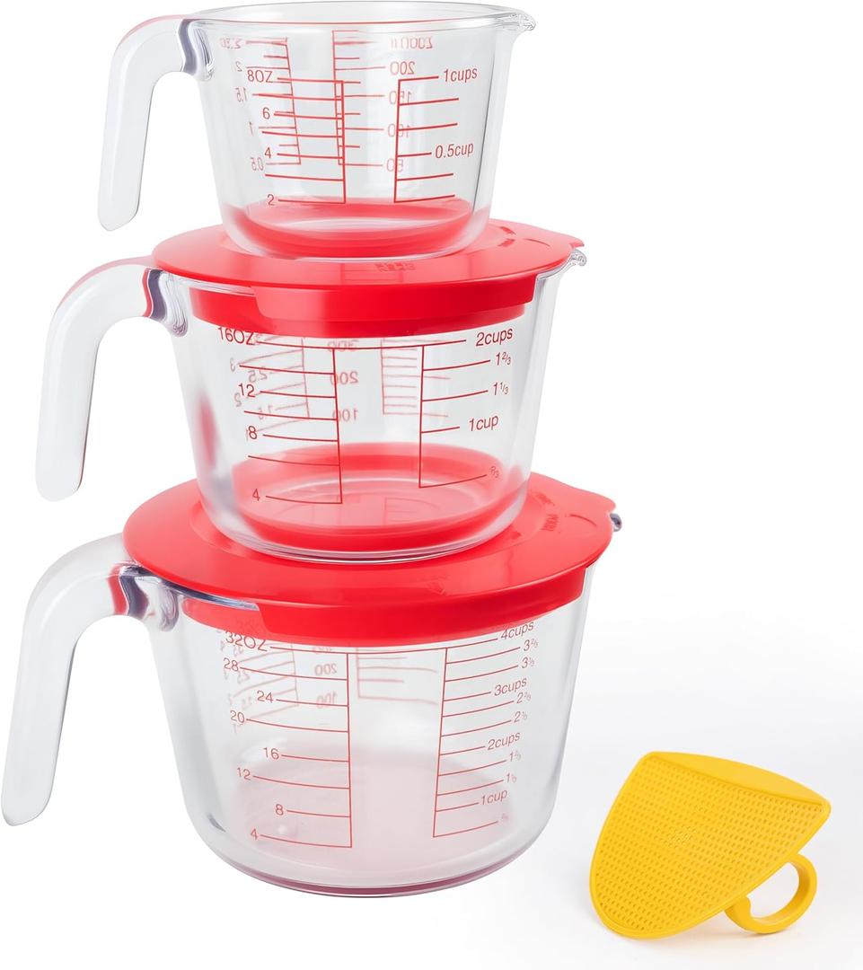 6 Pcs Glass Measuring Cups Set with Lids (Strainer Included) - 1-Cup/2-Cup/4-Cup Nesting Jugs with Easy-Grip Handles, Kitchen Liquid Measuring
