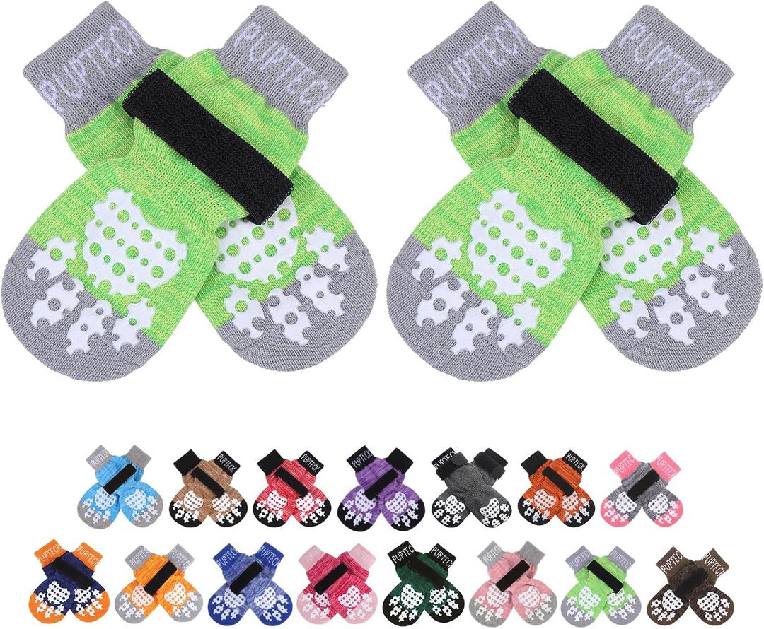 PUPTECK Anti-Slip Dog Socks with Double Sides Grips for Small Medium Large Dogs Hardwood Floors Prevents Licking, Dog Shoes for Hot Pavement Traction Control for Senior Dogs, Fluorescent Green, XS