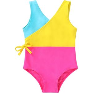 YOUNGER TREE Toddler Girl One Piece Swimsuit Color Block Stripe Swimwear Summer Beach Bathing Suit 12M-5T (9-10 Years, Bright Yellow Candy Color Block)