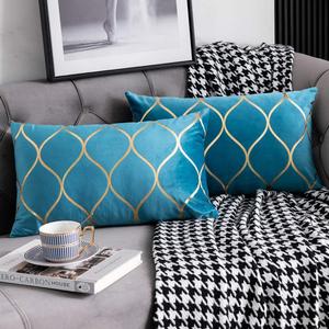 DEZENE 12x20 Inch Gold Velvet Throw Pillow Covers: 2 Pack Rectangular Decorative Pillow Cases for Bedroom Sofa Couch Living Room, Turquoise