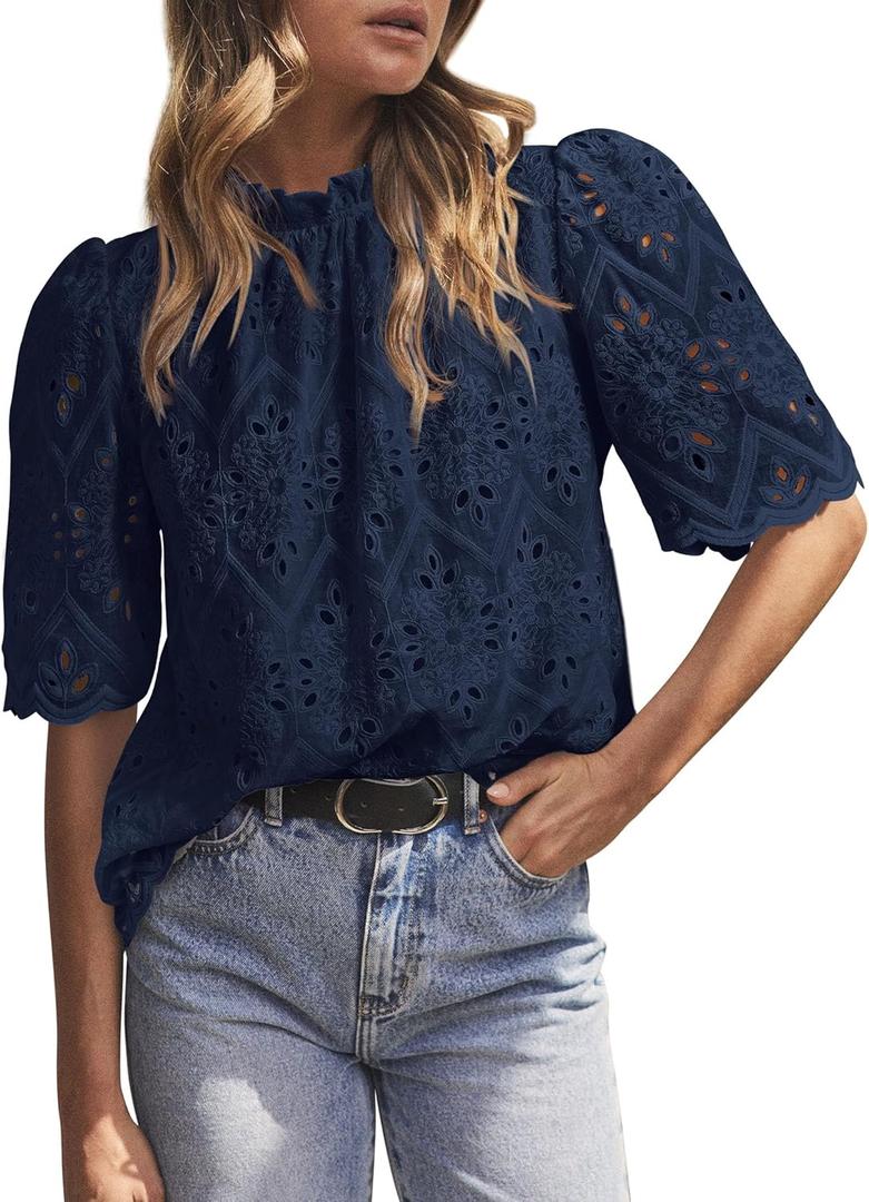 PRETTYGARDEN Womens Summer Tops 2025 Trendy Short Sleeve Eyelet Embroidered Dressy Casual Blouse Shirts (X-Small, Navy) PRETTYGARDEN Womens Summer Tops 2025 Trendy Short Sleeve Eyelet Embroidered Dressy Casual Blouse Shirts (X-Small, Navy)