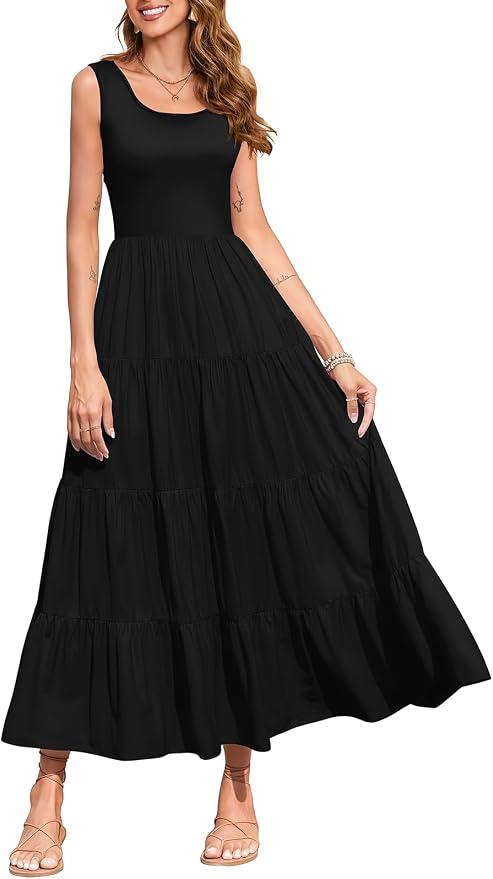 Women's 2025 Casual Loose Plain Maxi Sundress Smocked Tank Dress Sleeveless Summer Beach Tiered Long Dress  Size XL
