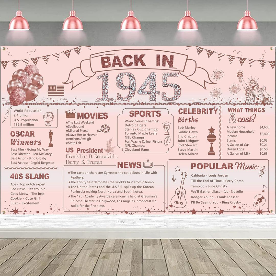 DARUNAXY Rose Gold 80th Birthday Party Decorations - Cheers to 80 Years Old Vintage 1945 Banner Backdrop for Women