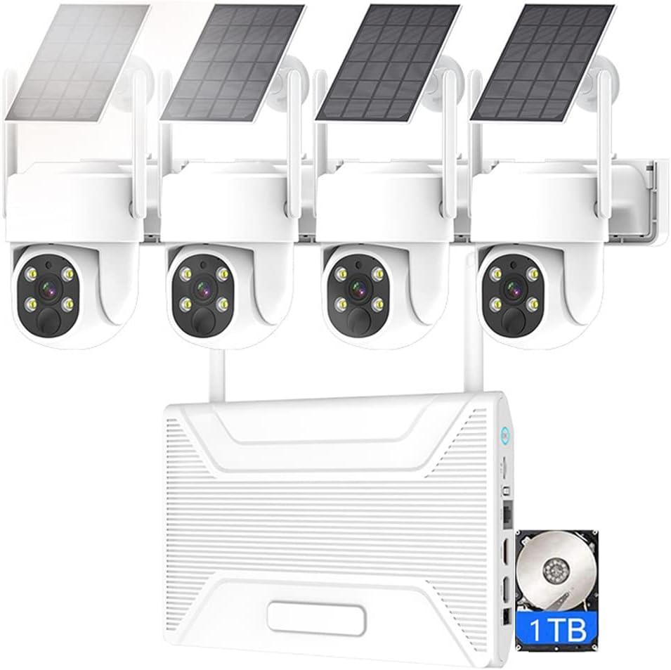 4MP Wireless WiFi Solar Power Security Camera System with 1T Hard Drive, Outdoor Surveillance Solar Energy Camera NVR Kit with Two-Way Audio, Color Night Vision
