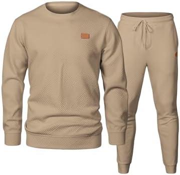 JMIERR Knit Jacquard Track Suits for Men Set 2 Piece Comfiest Airport Outfits Long Sleeve Sweatshirts & Running Joggers Sweatpants, Fall Tracksuit Sweatsuits Matching Lounge Sets, M, Khaki