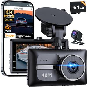 4K Front with Rear Dash Cam Dual Car Dash Camera Front and Rear,5G WiFi for Cars, 3.0" IPS Screen,UHD Night Vision 24H Parking Mode, Dual 170 Wide Angle, WDR, G-Sensor,Free 64GB Card 256GB Max