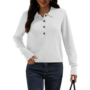 AMZANGEL Women's Merino Wool Cropped Sweater 100% Wool Polo Collared Half Button up Long Sleeve Pullover Sweaters XS