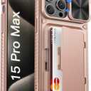 Vihibii for iPhone 15 Pro Max Wallet Case with Card Holder (4 Cards) & Slide Lens Cover & Stand, Shockproof Rugged Hard Back & Raised Edges Protection Case for iPhone 15 Pro Max, 6.7" 2023, Rose Gold