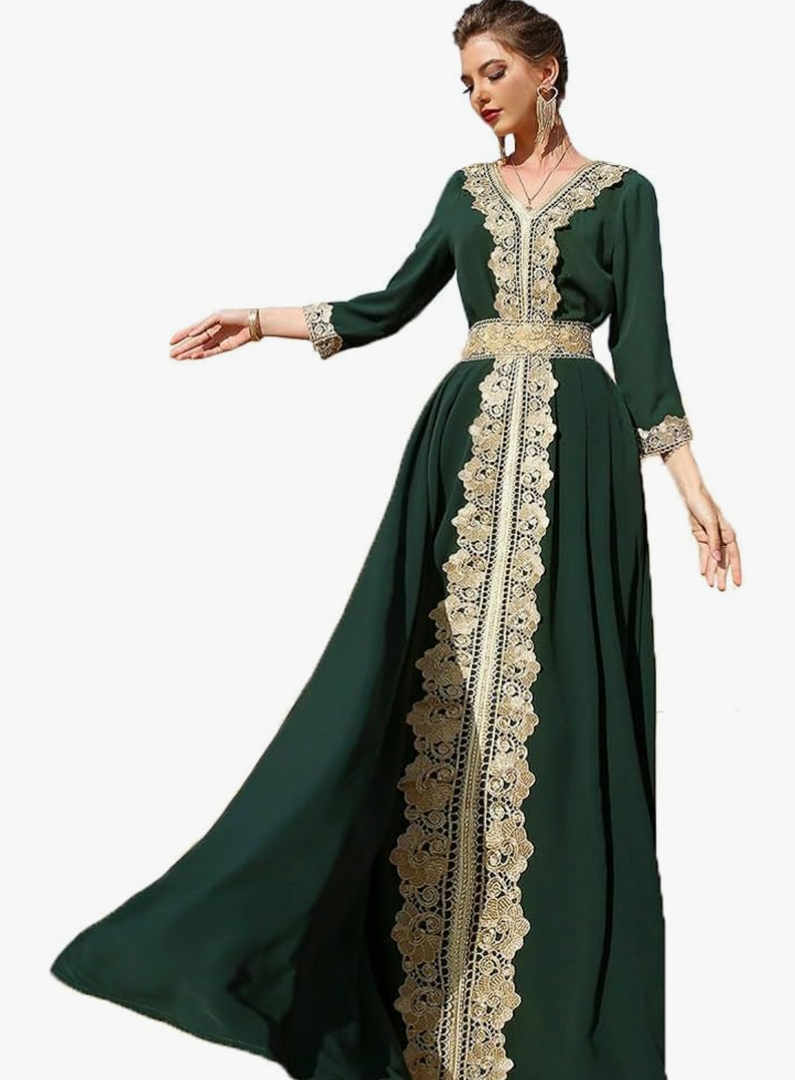 PolyJolly Gold Applique Abaya Dress for Women Dubai Sadui Fancy Moroccan Arabic Jalabiya Eid Collection, Small