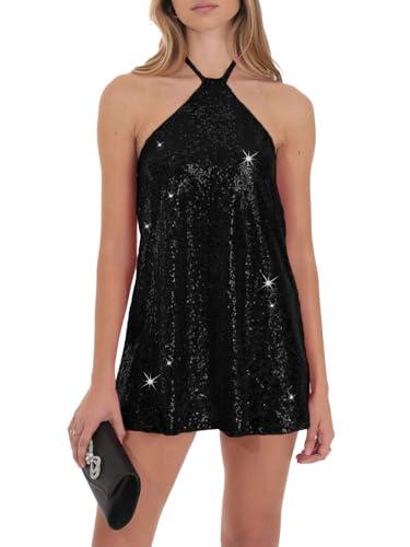 hibshaby Women's Glitter Sequin Dress Halter Neck Party Cocktail Sparkly Mini Dress Clubwear Black S
