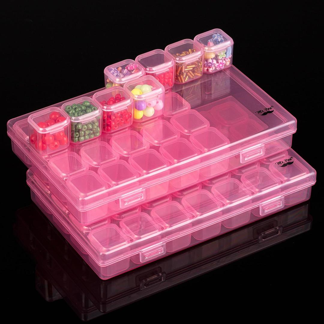 Mr. Pen- Bead Storage Containers, 28 Grids, 2 Pack, Transparent Pink Small Bead Organizer Box (2 Pack-56 Pcs(6.8"x4.4"x1"))