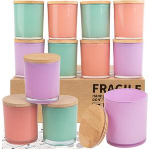CONNOO 12 Pack 10 OZ Colorful Glass Candle Jars for Making Candles with Airtight Bamboo Lids Nice Sticky Warning Labels for Candle Making Empty Container Bulk - Dishwasher Safe