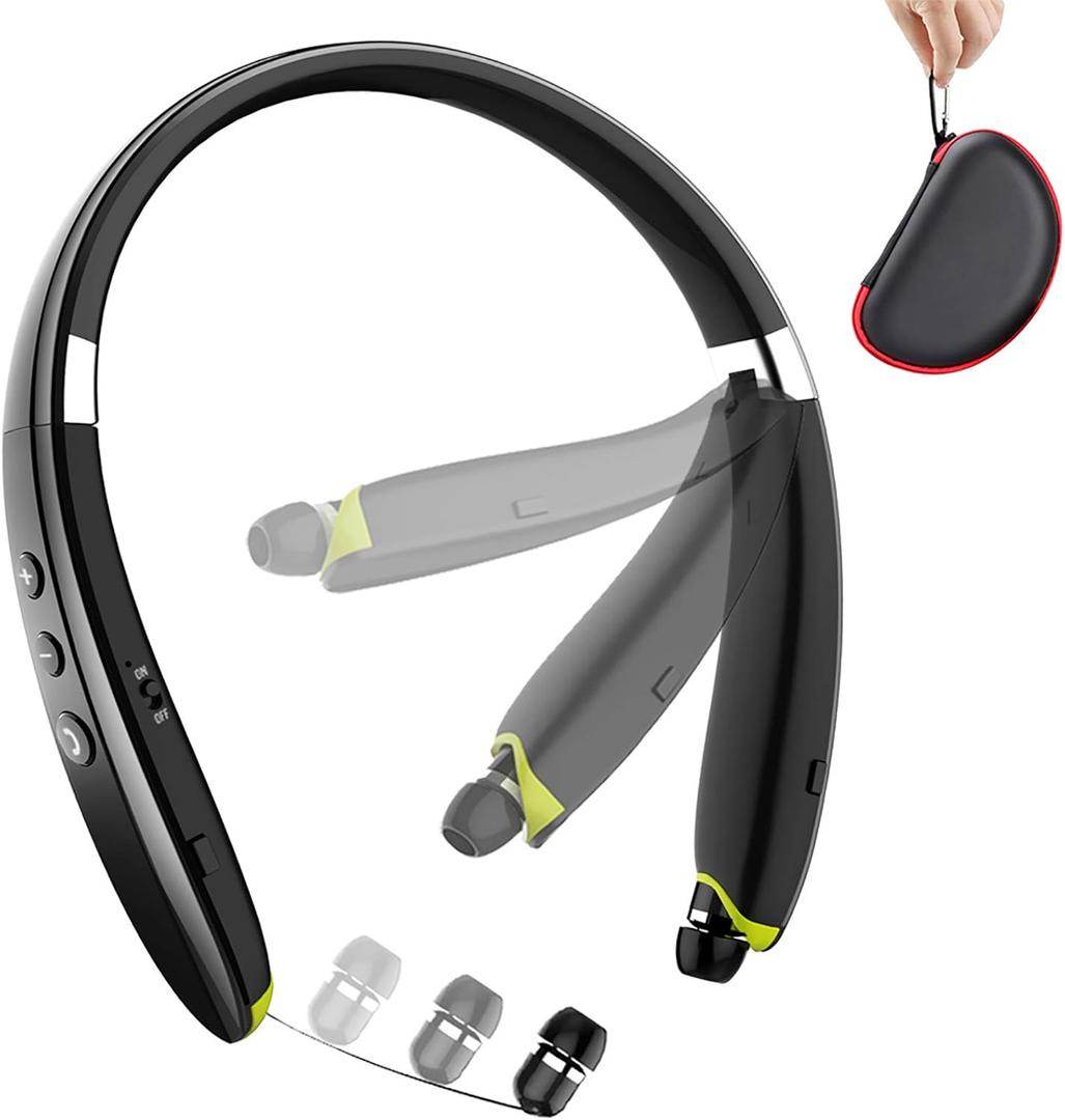 BEARTWO Bluetooth Headphones, Upgraded Foldable Wireless Neckband Headset with Retractable Earbuds, Noise Cancelling Stereo Earphones with Mic for Workout, Running, Driving (with Carry Case) (Black)