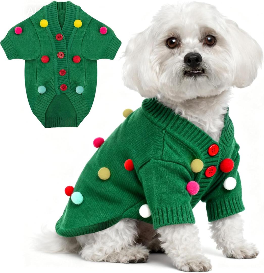 Dog Christmas Sweater Green Christmas Light Cardigans Dog Outfit Soft Warm Knitted Pet Clothes Cold Weather Puppy Clothes for Small Medium Large Dogs Cats