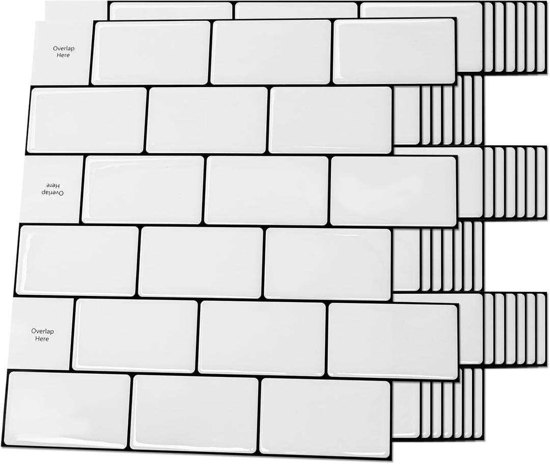 Art3d Backsplash Tile for Kitchen Peel and Stick, 10-Sheet Stick on Subway Tiles for Kitchem, Bathroom Back Splashes, 12"x12", Warm White with Black Grout