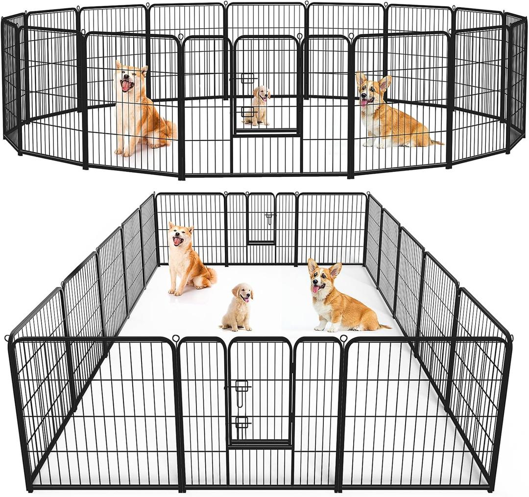 Sweetcrispy Dog Playpen Indoor - Pet Fence Exercise Pen for Yard Gate 16 Panels Foldable Puppy Playpens with Doors Metal Dog Pen for Camping, RV, Outdoor, Small/Medium/Large Pets, 32 Height