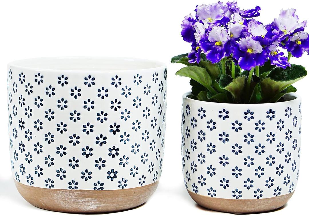4 + 6 Inch Ceramic Pots for Indoor-Outdoor Plants, Succulent Plant Pots, Orchid Flower Pots with Drainage Hole, Stoneware Planter, Set of 2 (Blue Small Flower, 6 + 4.3 Inch)