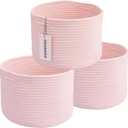 Woven Cotton Rope Storage Baskets - 3-Pack Round Bins (10x10x7'') for Shelves, Closets & Bookcases | Durable Rope Organizers for Nursery, Baby, Toys, Easter & More (Pink)
