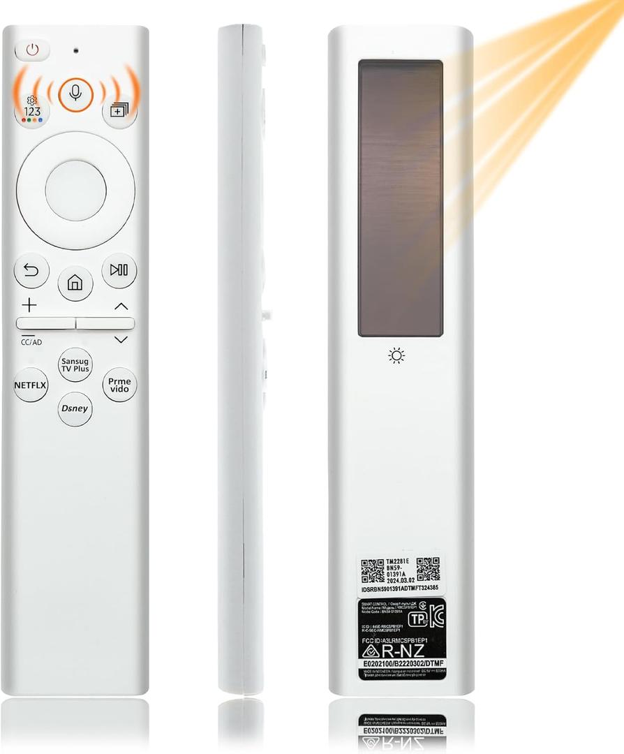 BN59-01391A TM2281E Fit for Samsung TV Remote Compatible with Samsung Frame TV Remote 2021-2024 Neo LED Smart 4K Ultra HD TV, with Bluetooth Rechargeable Solar Cell, 4 Shortcut Buttons, White