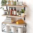 Amada Bathroom Shelves Over Toilet with Storage Basket, Floating Wall Shelf for Home Organization & Wall Decor, Bathroom/Kitchen/Living Room ShelvesNatural Wood