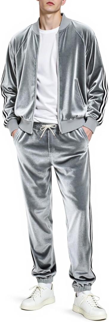 Heyfanee Mens Velour Tracksuits 2 Piece Set Full Zip Sweatsuit for Men Jogging Suits Velvet Jacket Pants Outfits (3X-Large, Grey)