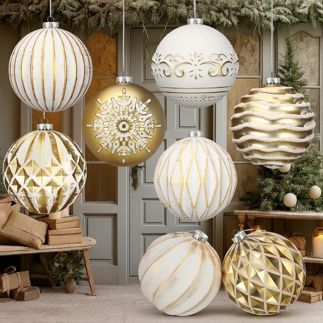 Yunlly 8 Pcs 6 Inch Large Farmhouse Rustic Christmas Ball Ornaments Set White and Gold Vintage Christmas Tree Ornaments Hanging Plastic Neutral Farmhouse Distressed Tree Decoration for Xmas Home Decor