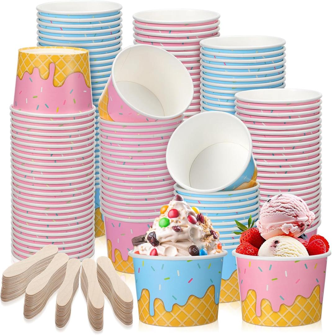 Potchen 100 Pack Ice Cream Bowls Disposable 11 oz Paper Dessert Cups with Wooden Spoons Sundae Soup Containers for Summer Ice Cream Party Supplies Favors(Classic Style)