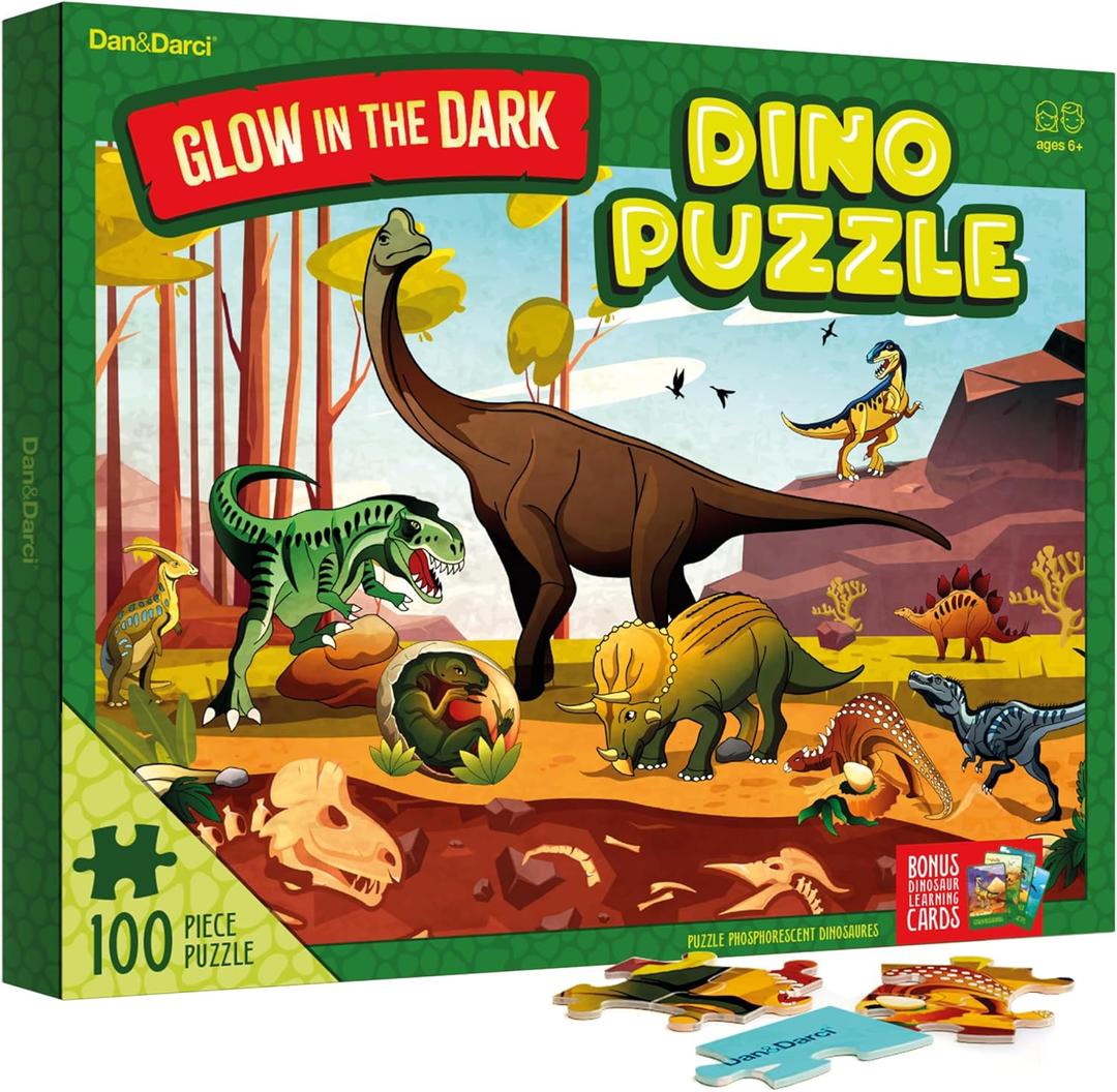 Dan&Darci Glow in The Dark 100 Piece Dinosaur Puzzle for Kids - Dinosaurs Jigsaw Puzzles Toys for Boys & Girls Ages 6-8 - Birthday Gifts for Age 6 7 8 Year Old Toddler Boy Girl Gift - Dino Toy