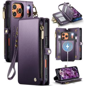 Defencase for iPhone 17 Pro Max Magnetic Wallet Case Compatible with Magsafe with RFID Blocking Zipper & Card Holder for Women Men PU Leather Strap Detachable Case for iPhone 17 Pro Max 6.9", Purple