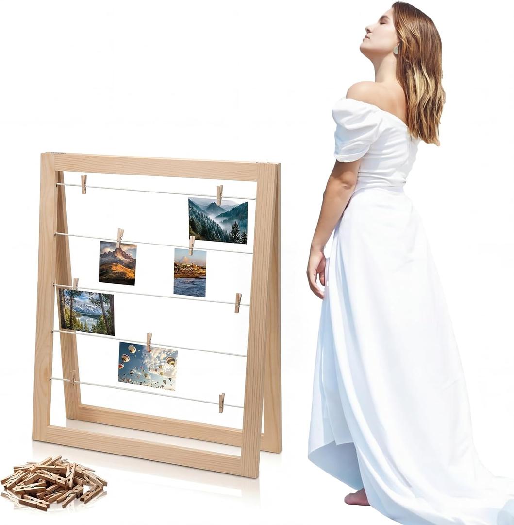 Sintuff Photo Display Board with Clips Farmhouse Picture Collage Board Picture Frame Clothesline Photo Display Stand Decor for Wedding Baby Shower Grad Postcard(Flat Edge,Natural Wood,29x24 Inches)