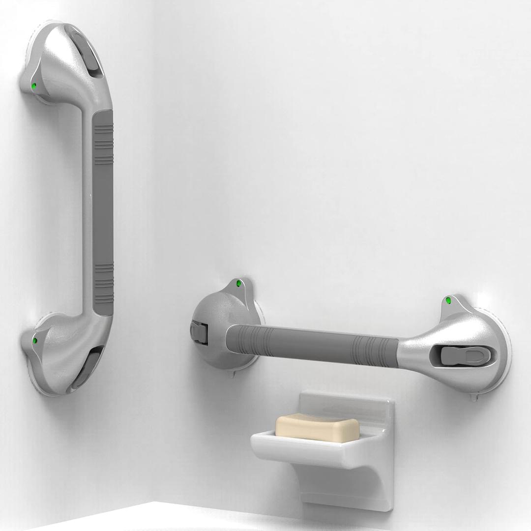 16.5inch Suction Bath Grab Bar with Indicators, Balance Assist Bathroom Shower Handle, Silver/Grey Pack of 2