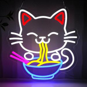 Fortune Cat Ramen Neon Sign for Wall Decor, Japanese Lucky Cat Led Signs for Business, USB Dimmable Cartoon Cat Neon Lights for Noodles Shop Kitchen Home Pub Dinning Room Restaurant Wall Art