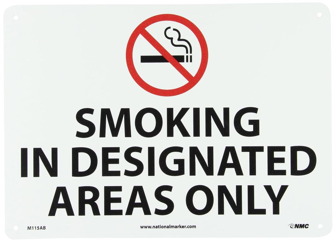 NMC M115AB No Smoking Sign with Graphic, Legend "SMOKING IN DESIGNATED AREAS ONLY", 14" Length x 10" Height, Aluminum 0.040, Black/Red on White