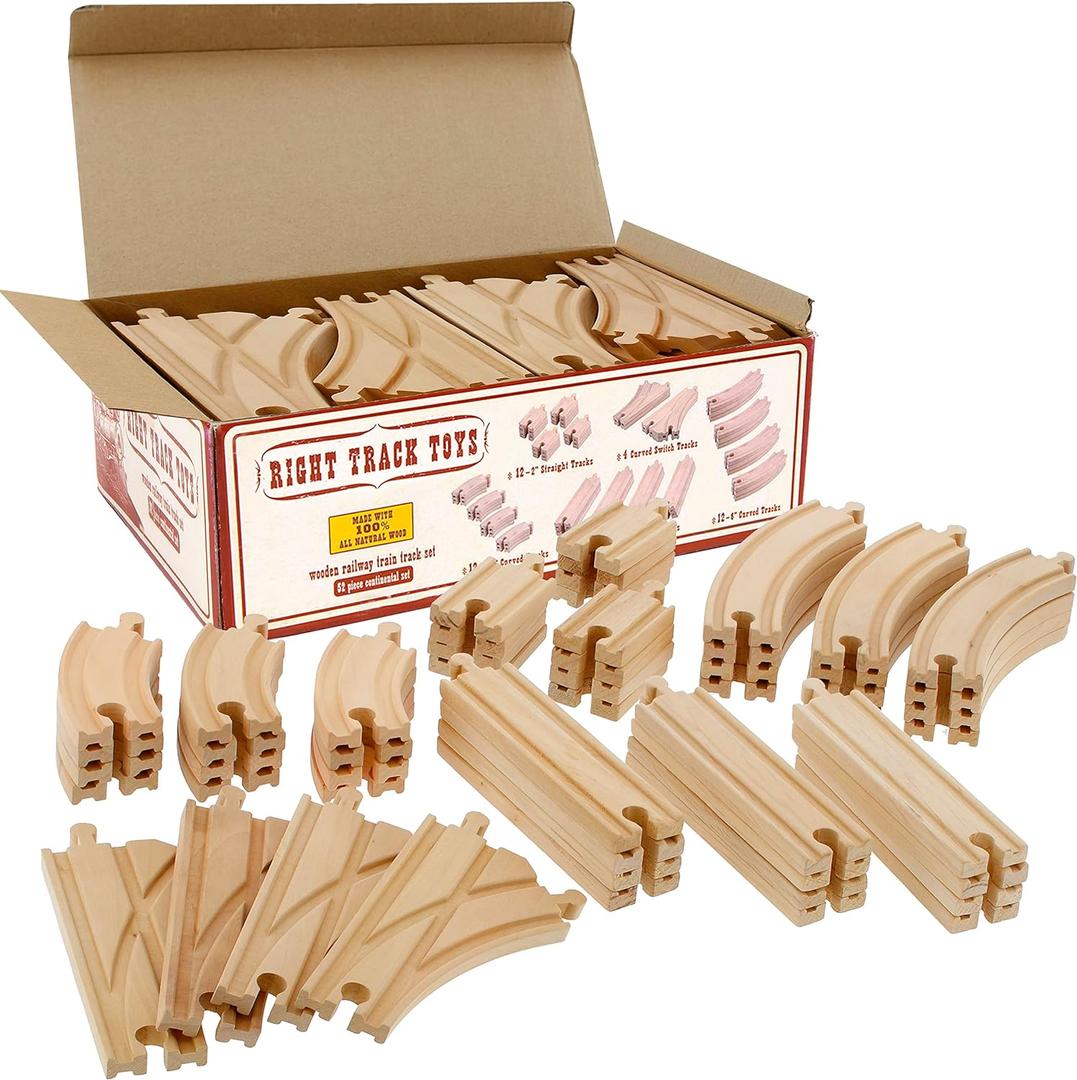 Wooden Train Track 52 Piece Set-18 Feet Of Track Expansion - 5 Distinct Pieces - 100% Compatible with All Major Brands Including Thomas Wooden Railway System: Screen Free Christmas Gift For Toddlers (Large)