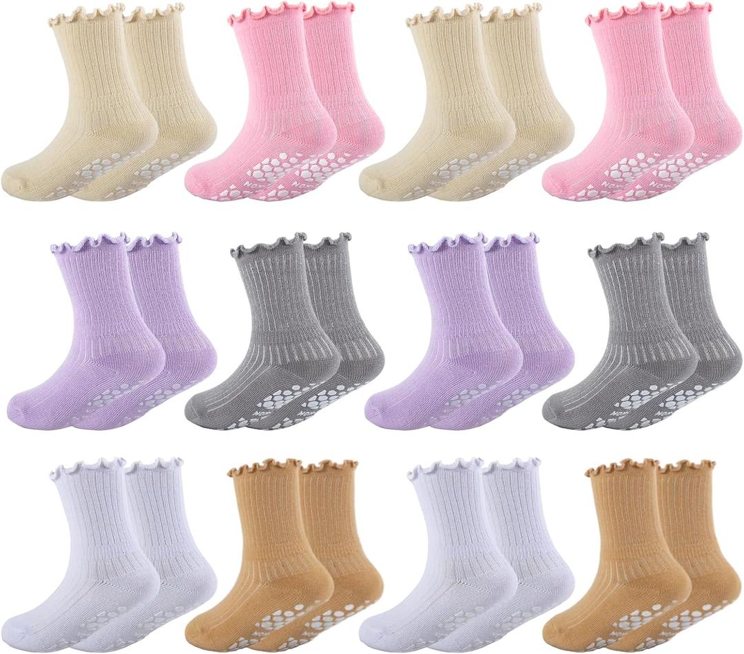 Baby Girls Toddler Ruffle Grip Socks Kids Non Slip Cute Frilly Cotton Crew Socks Uniform School Dress Sock 12 Pairs