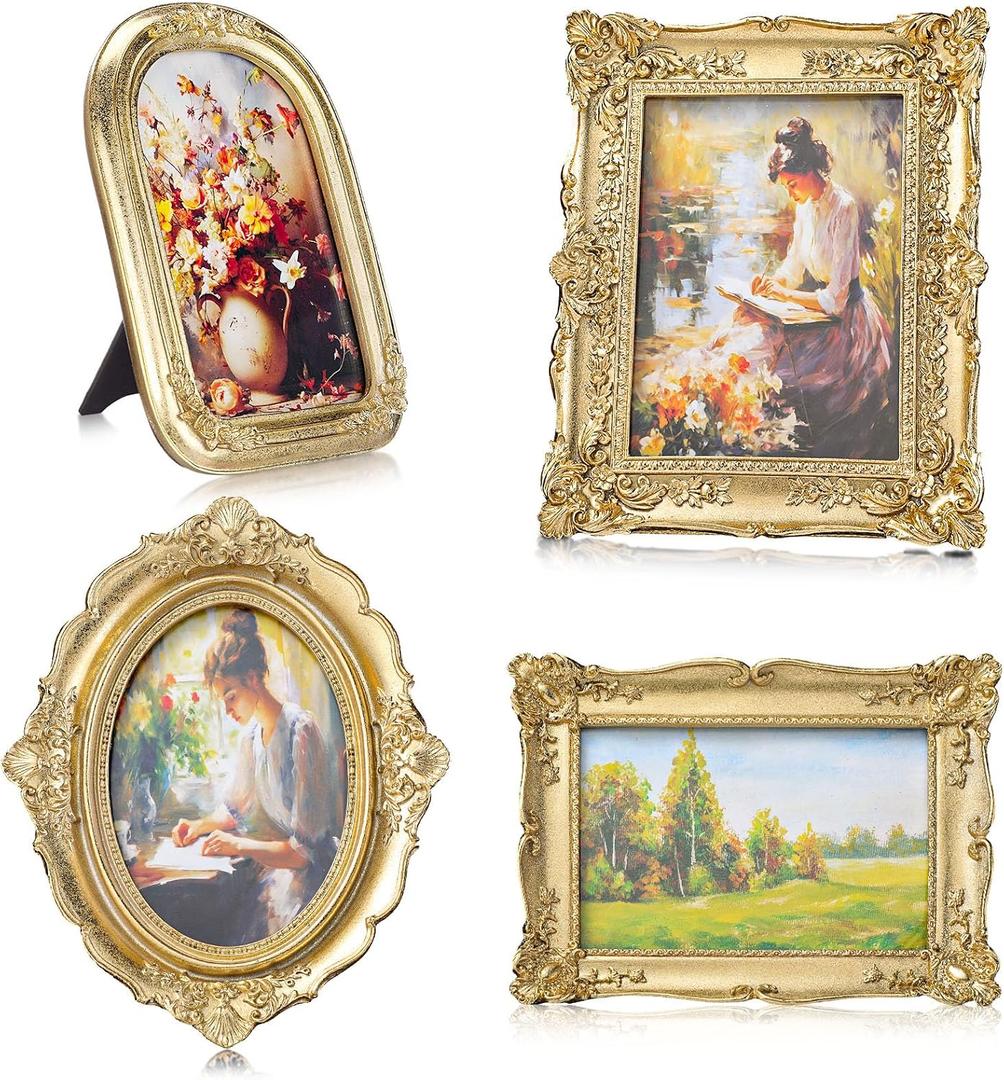 Geetery 4 Pcs Vintage Picture Frames Set, Gold Ornate Baroque Frames for Gallery Wall, Antique Victorian Decorative Photo Frame for Tabletop or Wall Display, Shabby Cottagecore Home Decor