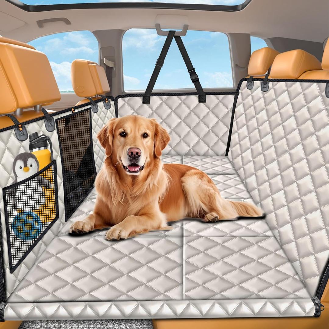 URPOWER Backseat Extender for Dogs - Hard Bottom Dog Car Seat Cover for Back Seat, Dog Hammock for Car and SUV, Pet Rear Seat Protector Dogs Travel Bed with Mesh Window & Side Flaps (Khaki)