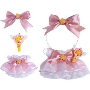 Clothes for Doll  Magical Girl Outfit for 17cm Dolls, Layered Pink & White Satin Dress with Star Bow, Large Ribbon Headpiece & Magic Wand Accessory  Doll Accessories Only