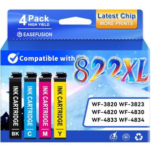 Latest Chip Remanufactured Ink Cartridges Replacement for Epson 822XL 822 XL Ink Cartridges Combo Pack High Capacity Ink Works with Workforce Pro WF-3820, WF-3823, WF-4820, WF-4830, WF-4833 (5-Pack