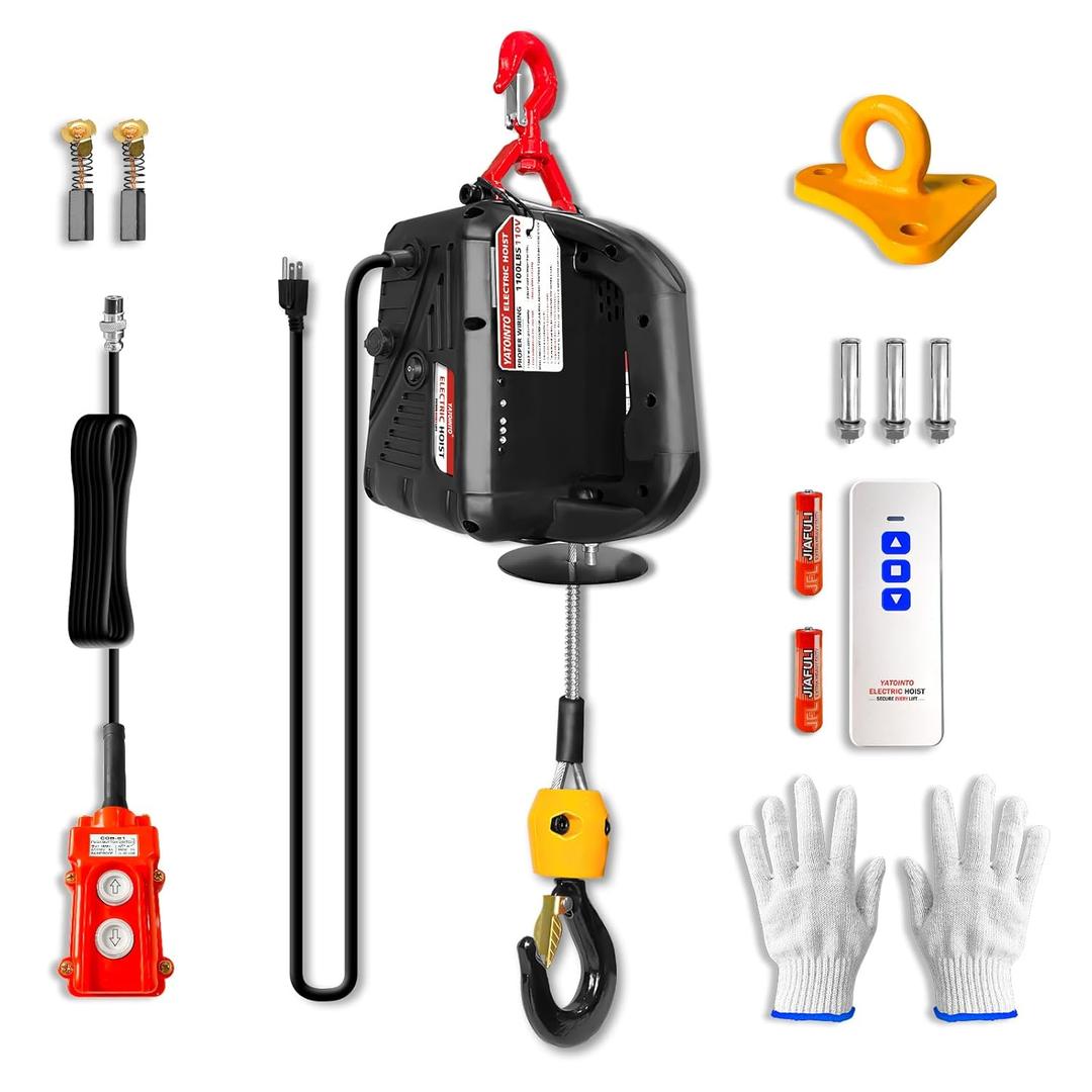 3 in 1 Electric Hoist Winch, 1100lbs Portable Electric Power Winch with Wire and Wireless Remote Control, 120V Electric Hoist Crane, Overload Protection 25ft Lifting Height for Towing (Black) (1100LB - 3 in 1, Black)