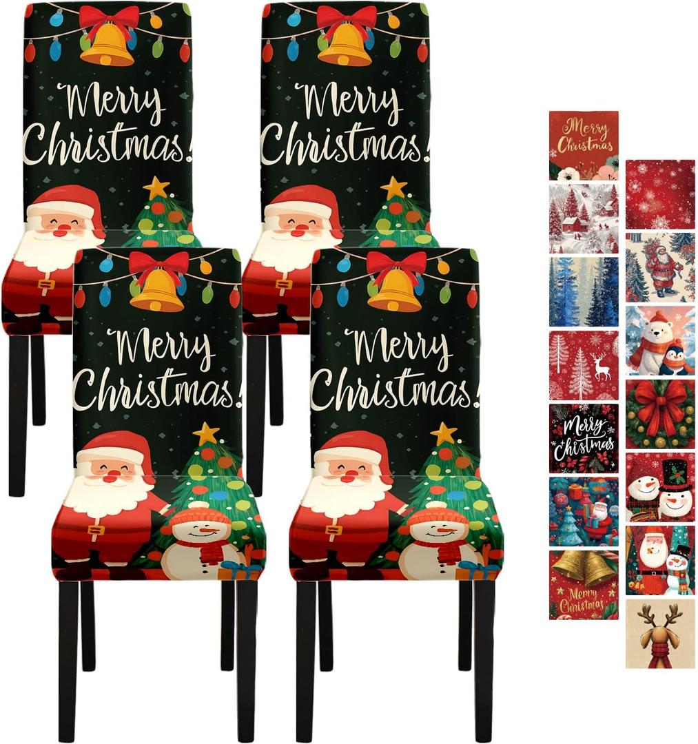 Christmas Chair Covers Set of 4 Santa Claus Snowman Christmas Tree Design Stretch Dining Chair Slipcovers Washable Universal Seat Protectors for Holiday Party, Kitchen, Banquet, Home Decoration